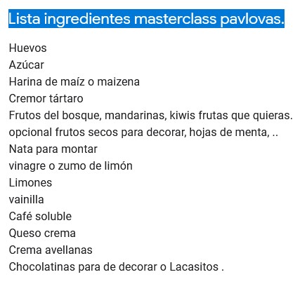 lista ingredientes pavlovas